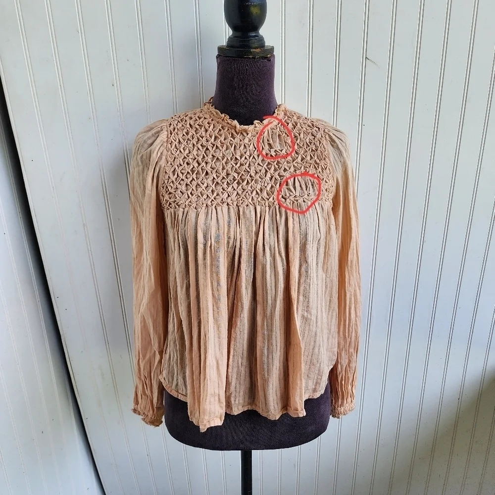Zara Girls Long Sleeve Textured Top Babydoll Blouse Cream Blush Pink Sz 13-14